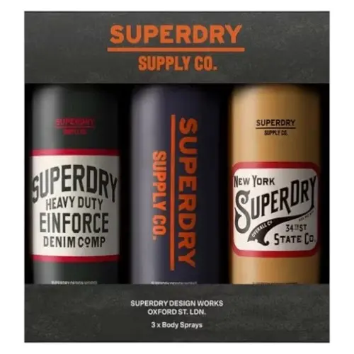 Superdry Vegan Body Spray Trio iconic vintage prints bergamot & musk, 3 x 125mL